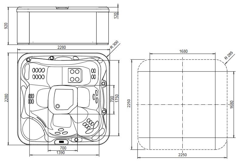 Dimensiones de la Mini Piscina MySpa 228 Glass 1989
