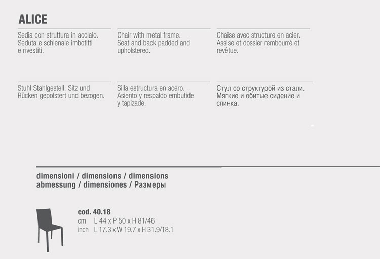 Silla Alice Bontempi Casa respaldo bajo medidas