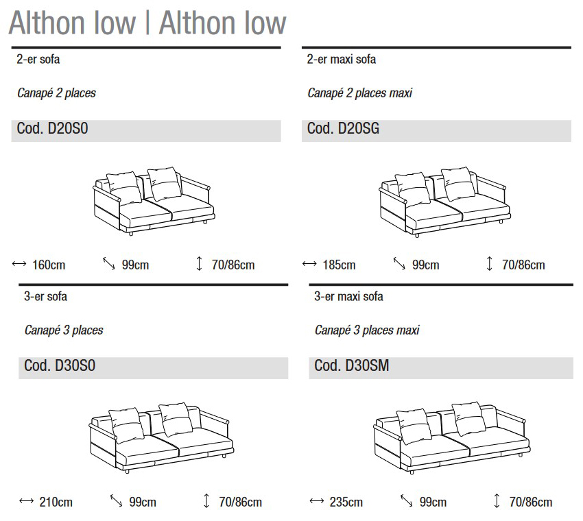 Dimensiones del Sofá Althon Low Ditre Italia de 2 y 3 Plazas Lineal