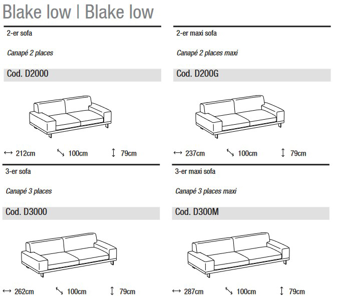 Dimensiones del sofá Blake Low Ditre Italia, 2 y 3 asientos lineales