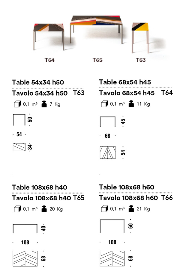 Mesa de centro Fishbone Moroso acabados y medidas